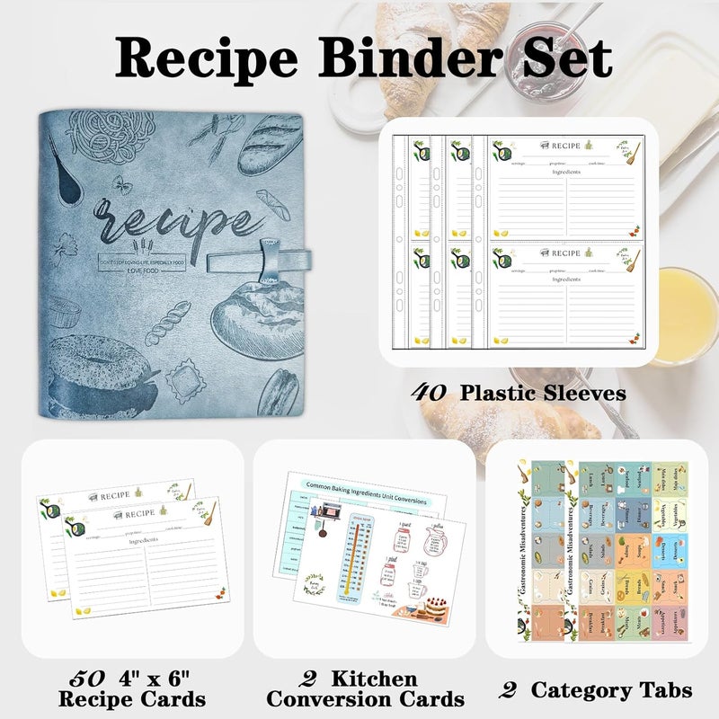 GoShambar Recipe Binder, Recipe Book Binder with Plastic Sleeves, Blank Recipe Card Book to Write in Your Own Recipes (4" x 6" Recipe Cards & Category Tab) (Blue) - Image 2